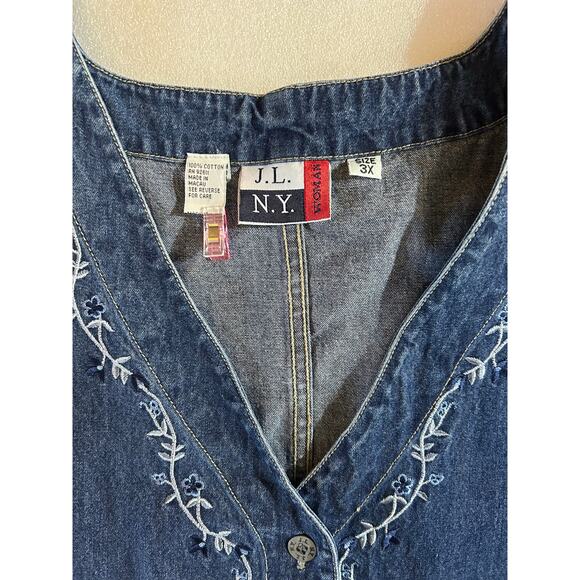 Vintage JL NY Embroidered Button Denim Jumper Dress Womens Plus Size 3X Pockets - Picture 5 of 8